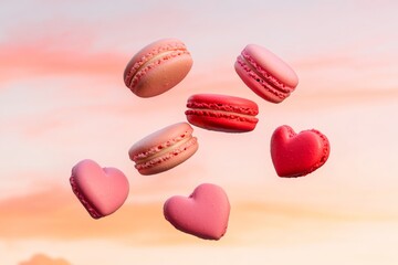 Obraz premium Ethereal Valentines Bliss Floating Heart-Shaped Pink and Red Macarons Against Sunset Sky - Modern Dessert Design and Marketing Visuals for Valentines and Carnival Season Sales