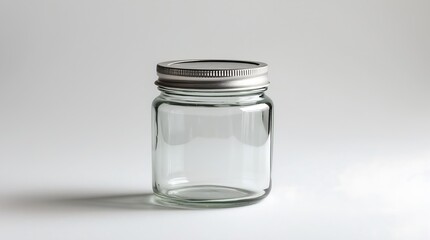 Empty Glass Jar with Silver Lid on White Background