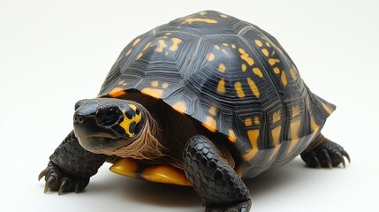 Fototapeta premium Colorful Yellow Spotted Turtle on White Background in Natural Pose