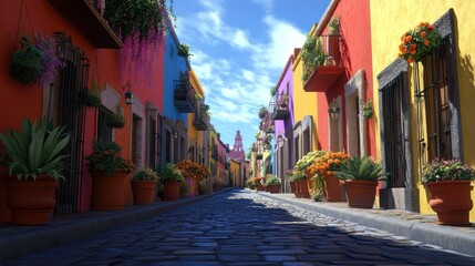 Naklejka premium Vibrant Colorful Street in Mexico: A Sunny Day in a Picturesque Town