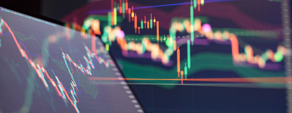Bar graphs, Diagrams, financial figures. Abstract glowing forex chart interface wallpaper. Investment, trade, stock, - Powered by Adobe