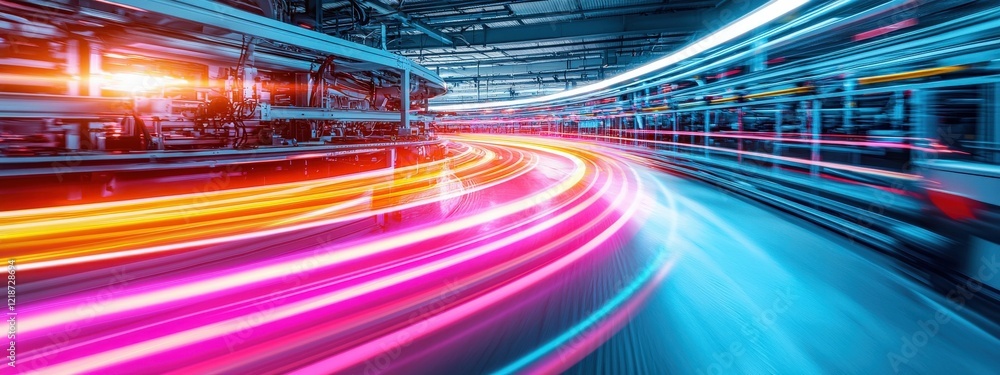 Poster dynamic motion blur in a modern factory with colorful light trails illustrating speed and efficiency