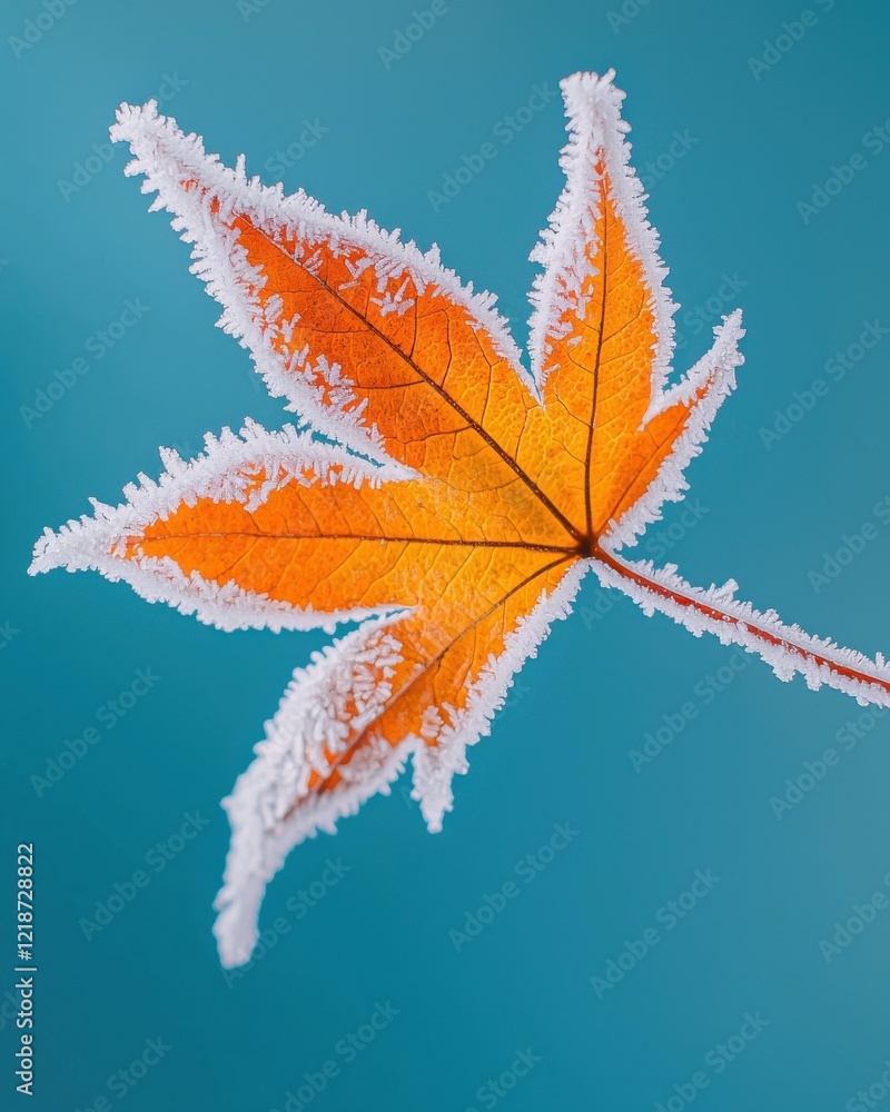 Poster icy frost-covered maple leaf nature scene macro autumn environment close-up view crisp and refreshin