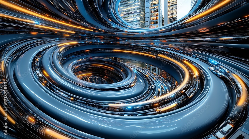 Poster futuristic urban tube filled with streaming lights and a rapid highway connection : generative ai