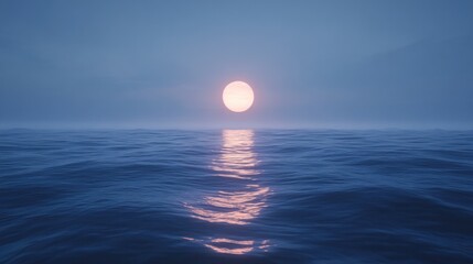 Pink moonrise over still ocean