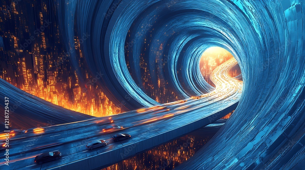 Poster futuristic roadway inside a dazzling light tunnel with fiery highlights : generative ai