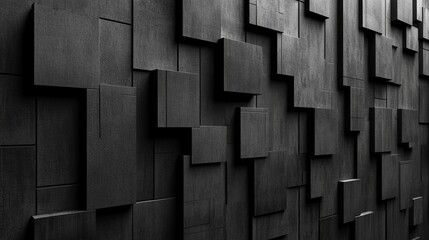Textured black wall with geometric blocks creating a modern art installation in a contemporary space. Generative AI