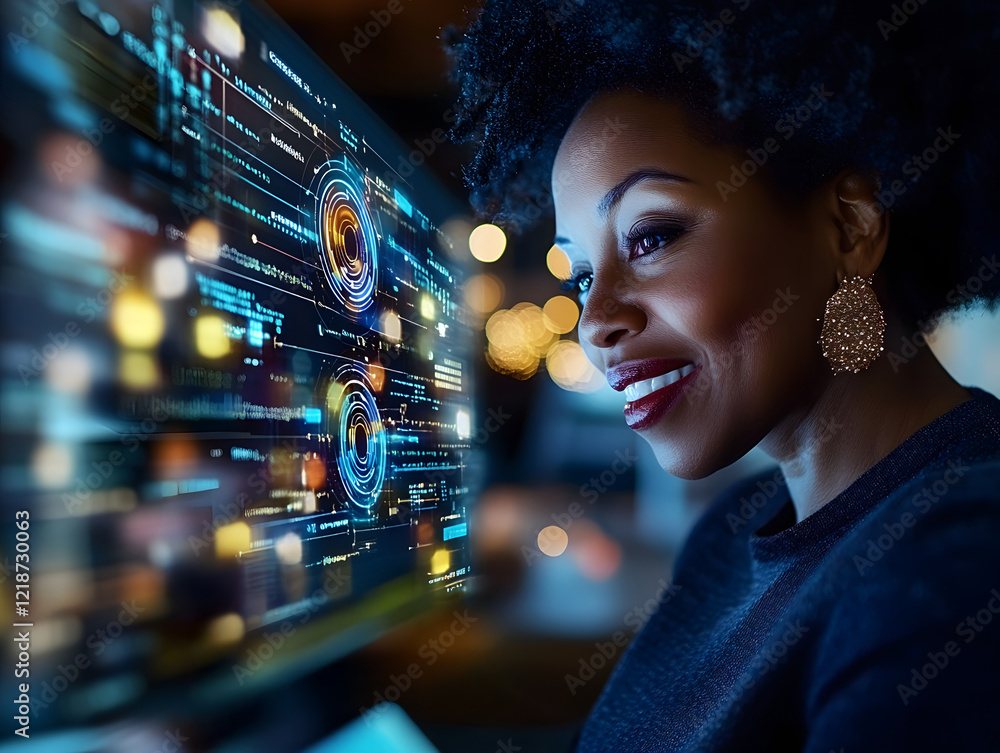 Poster smiling woman analyzing vibrant data visualizations on a futuristic digital screen in a modern works