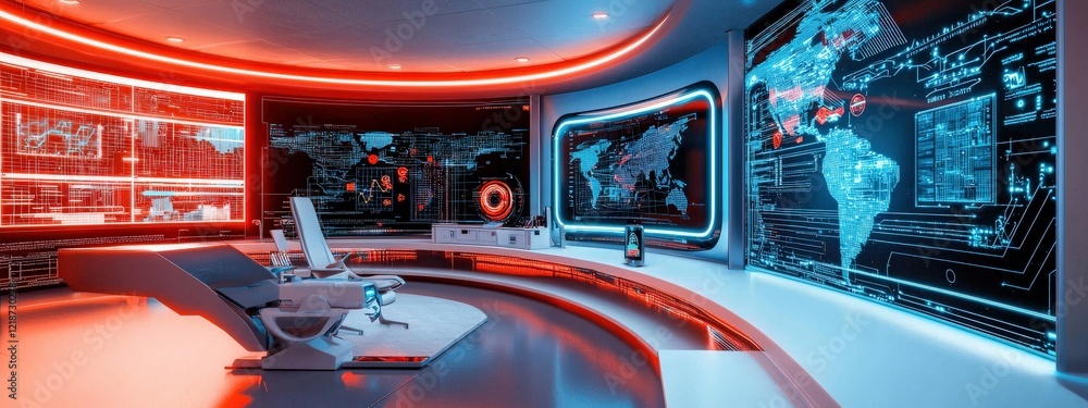 Poster modern futuristic control room with high-tech screens and glowing interface in a sci-fi style enviro