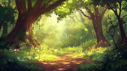 Fototapeta premium Enchanted Forest Path with Sunlit Glade