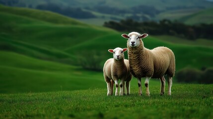 Obraz premium Scenic Sheep on Lush Green Pasture with Rolling Hills Under Dramatic Sky, Capturing the Essence of Tranquil Rural Life in Nature’s Embrace