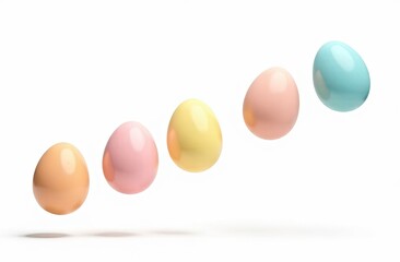 Easter eggs of pastel colors on a white background