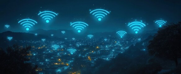 Obraz premium Night Cityscape Illuminated by Wireless Network: A Futuristic Vision of Global Connectivity
