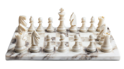 Elegant White Marble Chess Set with Intricate Pieces Displayed on a Classic Board, Perfect for Game Enthusiasts and Collectors of Fine Decorative Items