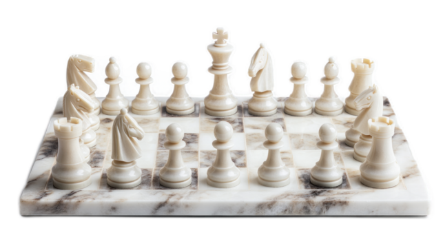 Elegant White Marble Chess Set with Intricate Pieces Displayed on a Classic Board, Perfect for Game Enthusiasts and Collectors of Fine Decorative Items