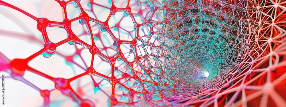 Poster abstract 3d render of colorful geometric shapes and interconnected molecules in a sci-fi style