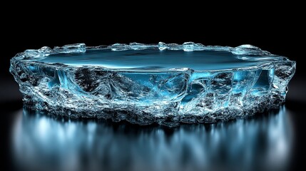 Stunning icy formation with crystal clear water reflecting light in a dark environment. Generative AI