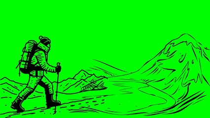 Mountaineer Walking through snow outline line art on green background

