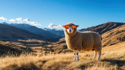 Fototapeta premium Sheep Wearing Sunglasses Standing in a Scenic Valley with Mountains and Blue Sky, Capturing a Unique and Humorous Perspective of Rural Life in Nature