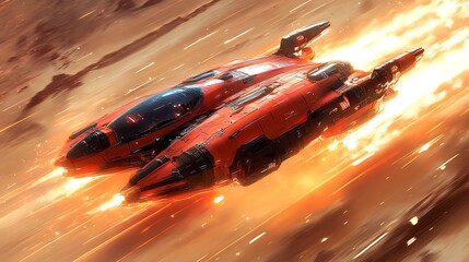 Orange spaceship traveling at high speed through space