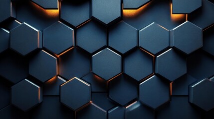 Abstract geometric background with dark blue hexagonal tiles and glowing accents. Generative AI