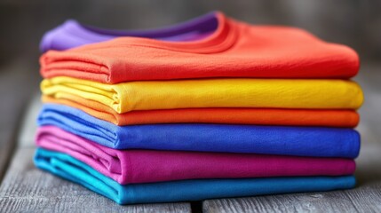 Vibrant Stacked Cotton T Shirts in Bright Colors on Wooden Surface