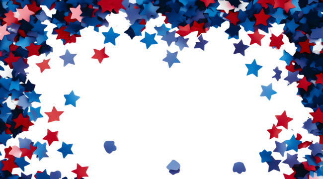 Blue, red and whitestar shaped confetti isolated on background. 4th July, Independence day party decor, invitation. Web banner in usa, Czech, Russia flag colors. Top view, flat lay, empty copy space