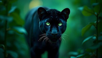 Majestic black panther with striking green eyes emerges from lush green foliage