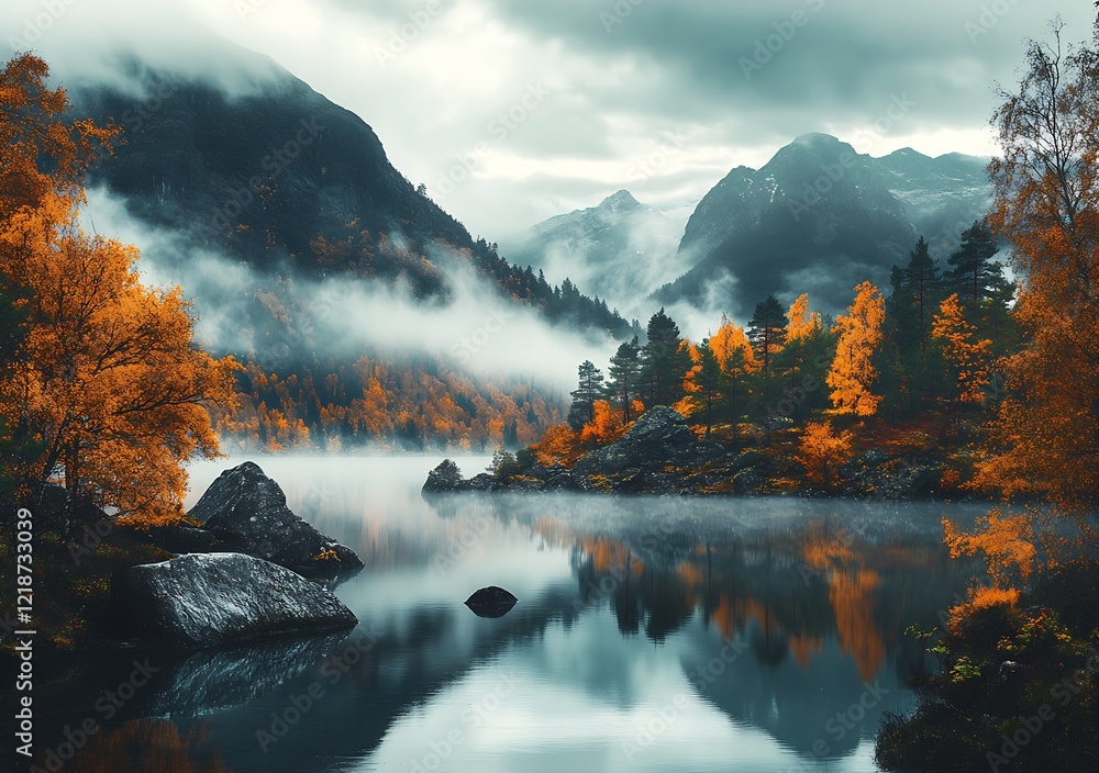 Poster serene alpine lake in autumn with misty mountain reflections and vibrant fall foliage : generative a