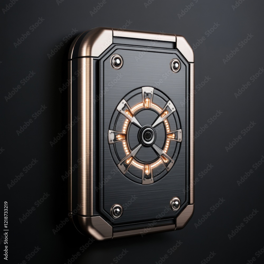 Poster a futuristic lockbox with rotating dials and a glowing led display, made of titanium