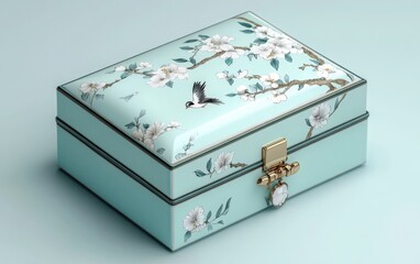 A hand-painted jewelry box featuring intricate floral and bird designs, with a lacquered finish