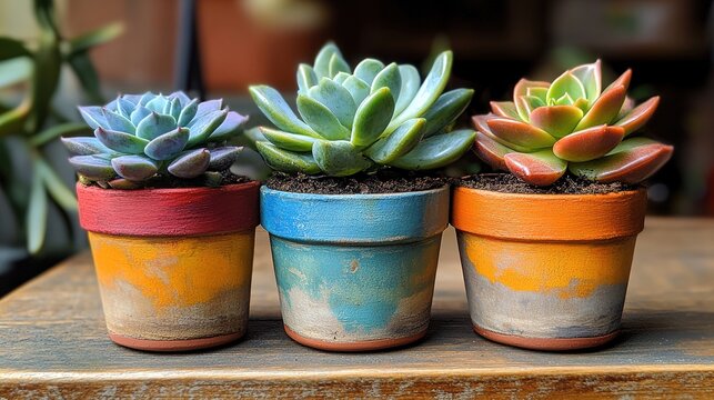 Vibrant succulent pots home decor plant arrangement indoor setting close-up view colorful aesthetic