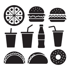 collection of fast food silhouette for your creative projects, Set of Fast Food Silhouettes: Pizza, Burger, Hamburger, Juice, Cola, Tacos, Donut Icons. Monochrome Vector Illustration for Menu Design, 