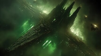 Obraz premium Gigantic Space Station Hovering Over Green Nebula