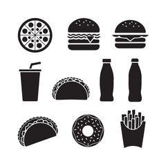 collection of fast food silhouette for your creative projects, Set of Fast Food Silhouettes: Pizza, Burger, Hamburger, Juice, Cola, Tacos, Donut Icons. Monochrome Vector Illustration for Menu Design, 