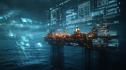 Futuristic Offshore Oil Rig with Digital Display Interfaces at Night : Generative AI