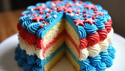 Layered cake decorated with red, white, and blue frosting, celebrating Independence Day
