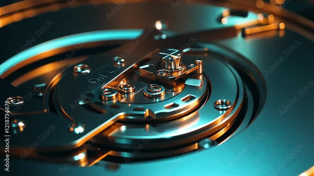 Poster close up of the internal components of a hard disk drive, showcasing the intricate mechanics of data