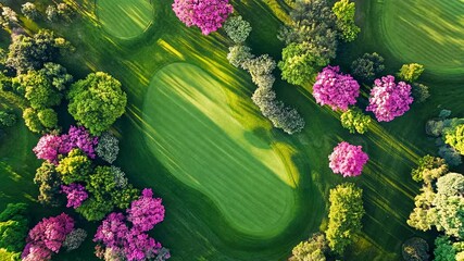 Aerial view of a lush green golf course surrounded by vibrant pink and green trees.  The course is bathed in sunlight, creating long shadows across the meticulously manicured greens.