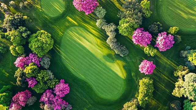 Aerial view of a lush green golf course surrounded by vibrant pink and green trees.  The course is bathed in sunlight, creating long shadows across the meticulously manicured greens.