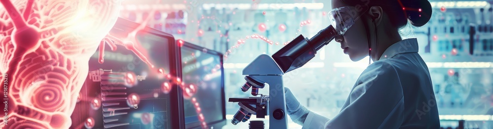 Poster in a cuttingedge hightech laboratory, a scientist in a lab coat and safety goggles meticulously exam