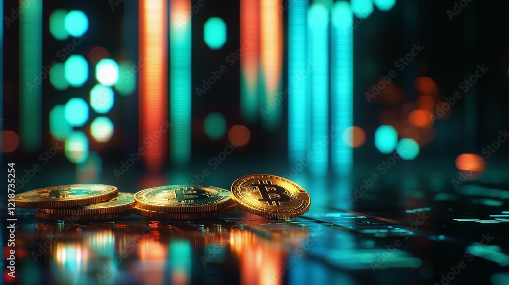 Poster a close-up of the bitcoin logo with stock market charts in the background, showing a red arrow point