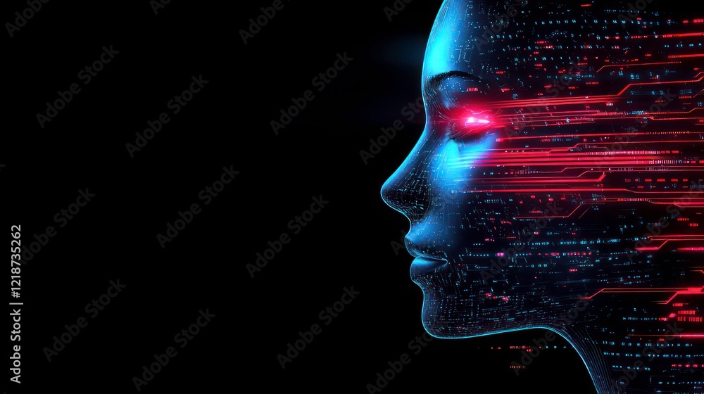 Poster a futuristic face rendered with intricate digital circuit patterns, lit by a dynamic glow of red and