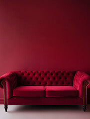 Red or burgundy luxury soft comfortable sofa on a red, burgundy plain background. Neural network AI generated art
