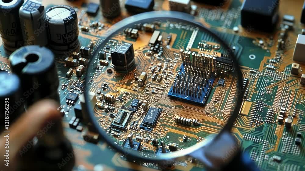 Poster close up of a magnifying glass inspecting a circuit board, revealing intricate details of electronic