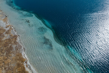Aerial view of  beautiful Yamdrok Yumtso lake in Tibet, China