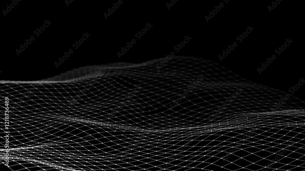 Poster Dynamic wave of glowing particles. Digital technology background. 3d rendering. Seamless loop. 4k