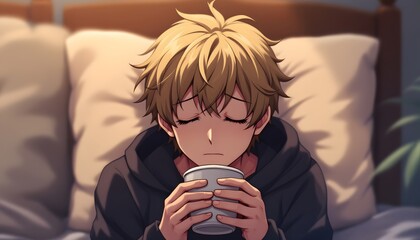 Sad Anime Boy Drinking Coffee in Bed Artwork