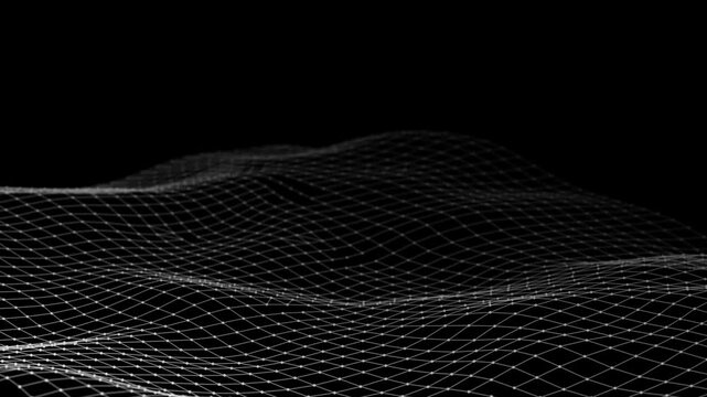 Dynamic wave of glowing particles. Digital technology background. 3d rendering. Seamless loop. 4k