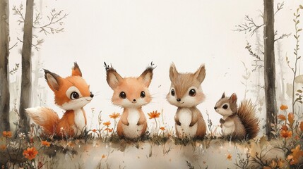 Charming woodland creatures in a watercolor illustration with delicate flowers and soft tones in a magical forest setting. Generative AI